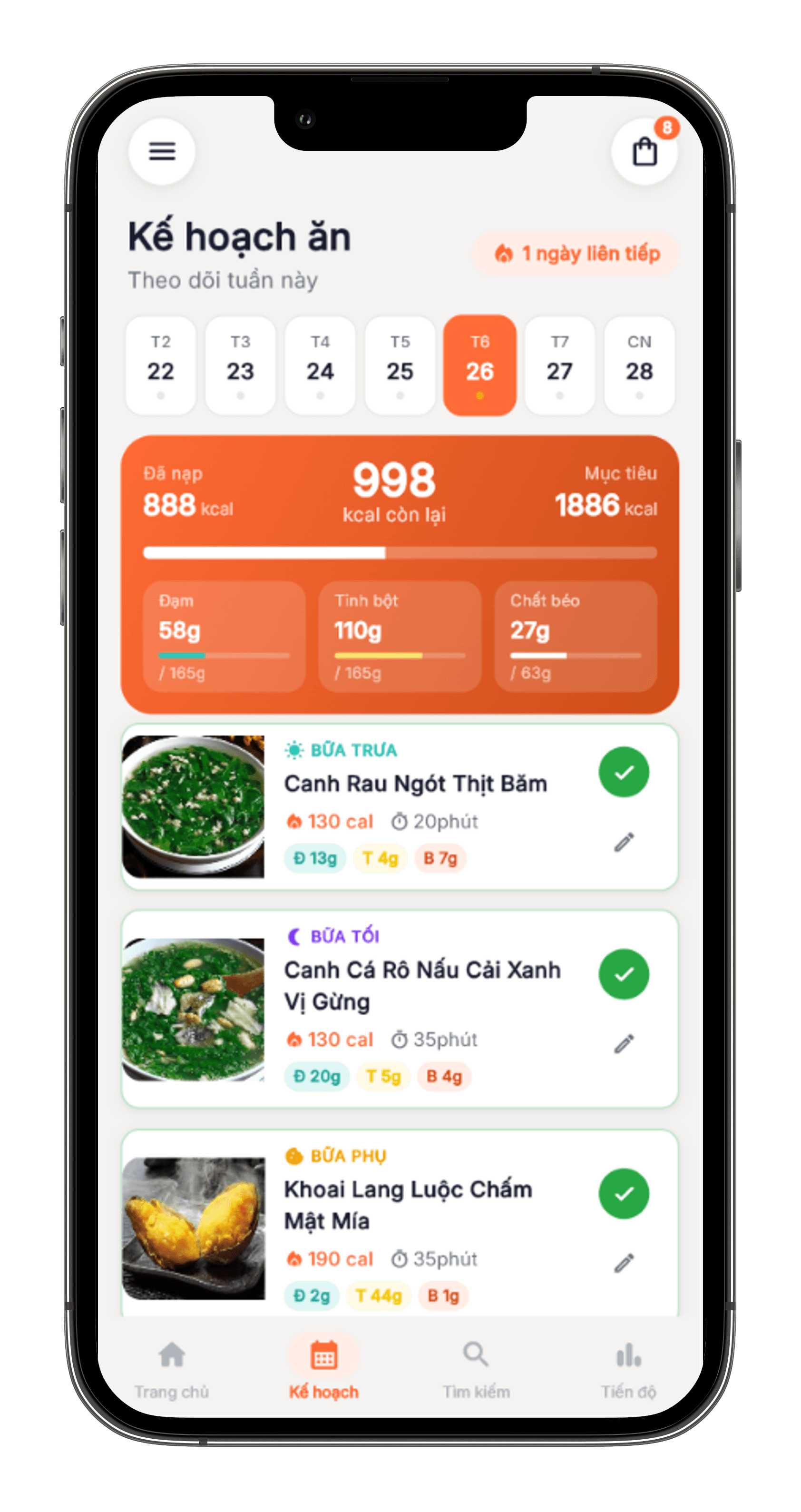 Màn hình kế hoạch bữa ăn và dashboard calo của Cravvy