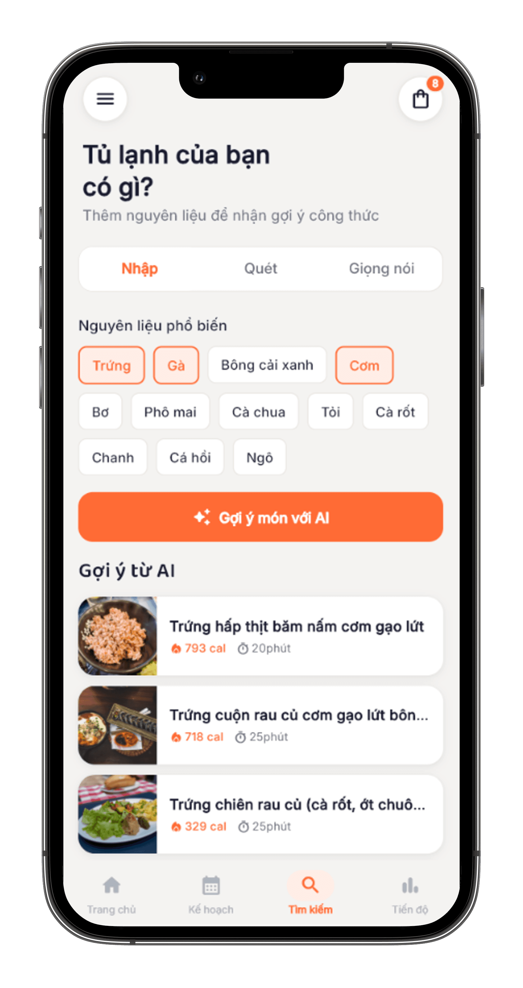 Màn hình tìm kiếm AI theo nguyên liệu của Cravvy